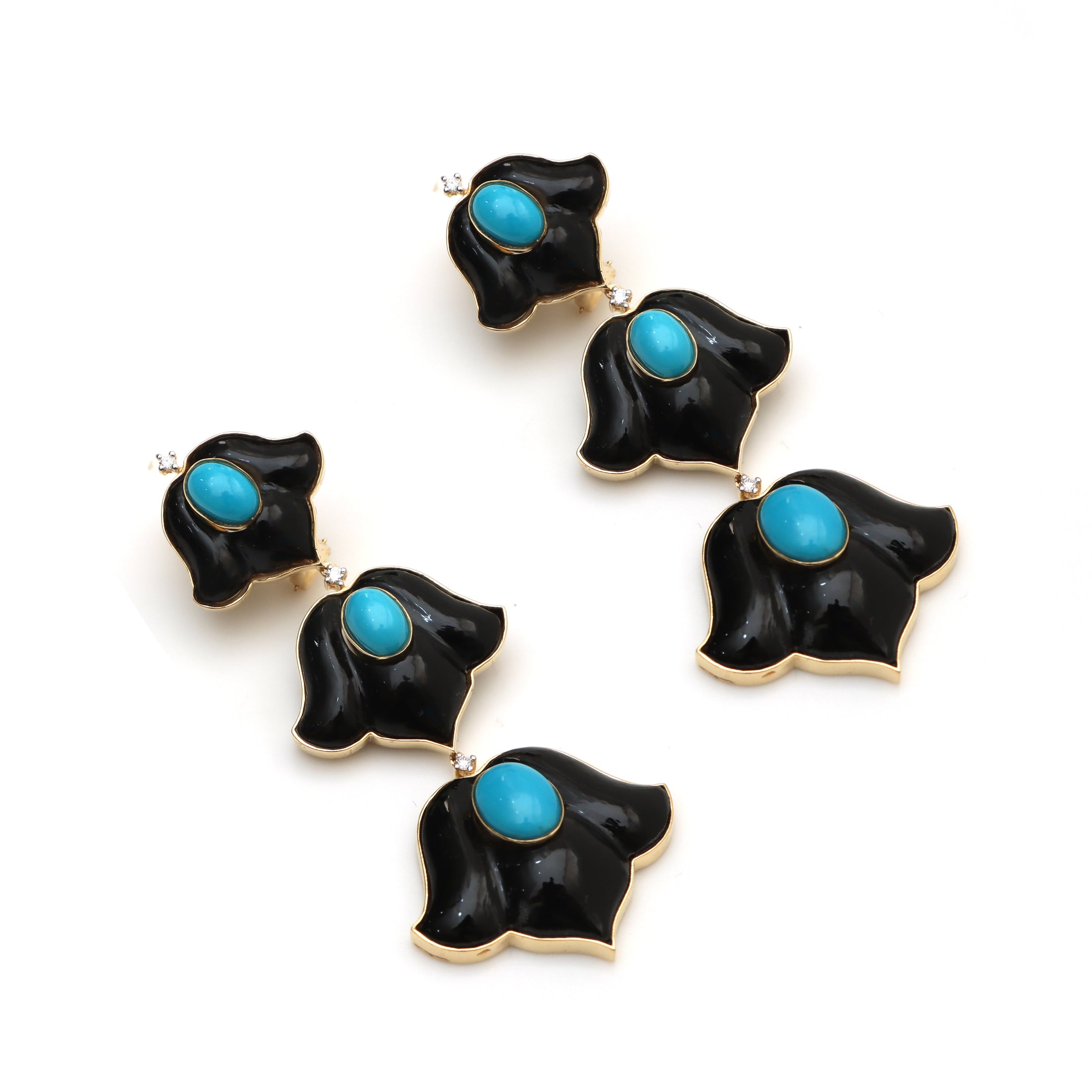 Natural Black Onyx and Turquoise 18K gold earrings front view - NFJSD-1533