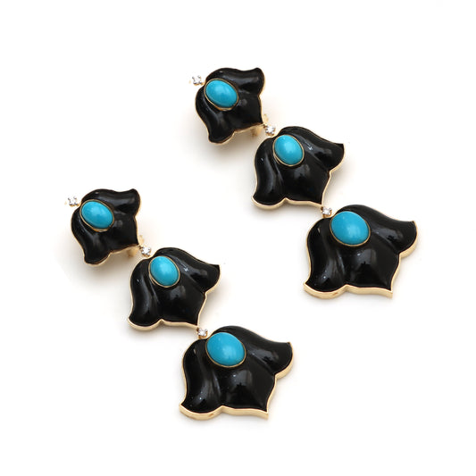 Natural Black Onyx and Turquoise 18K gold earrings front view - NFJSD-1533