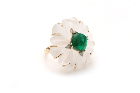 Natural Emerald Cushion Cabs and Crystal Carving Flower 14K gold ring front view - NFJSD-1133