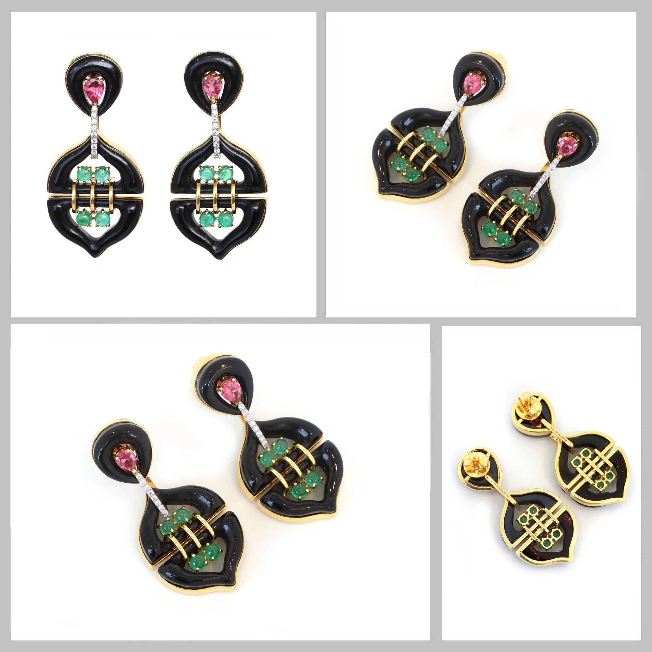 Natural Black Onyx and Emerald 18K gold earrings top view - NFJSD-1432
