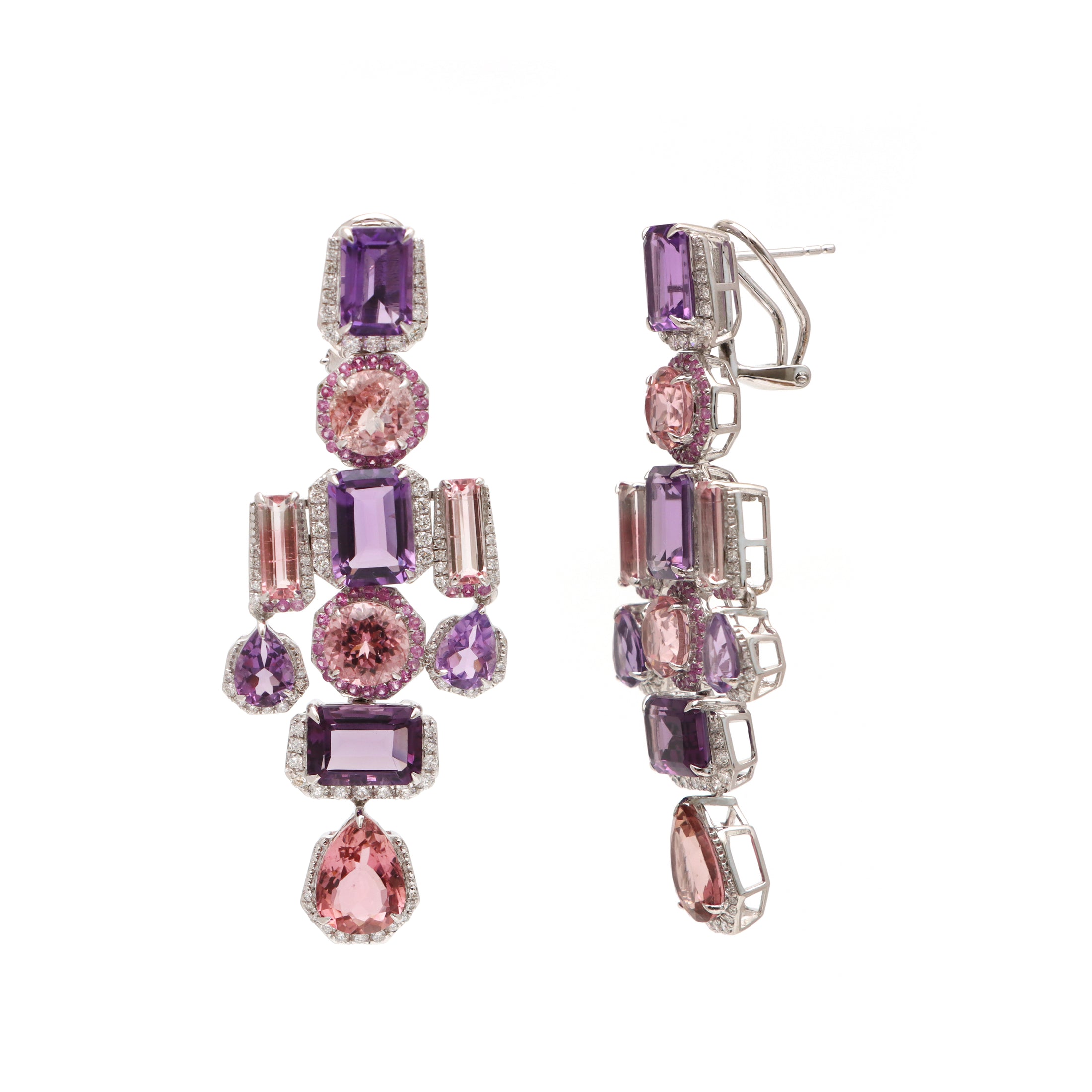 Natural Amethyst and Pink Sapphire 18K gold earrings front view - NFJSD-1771