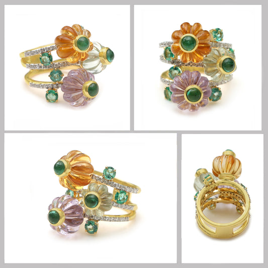 Natural Pink & Green Amethyst and Citrine 14K gold ring side angle - NFJSD-1838