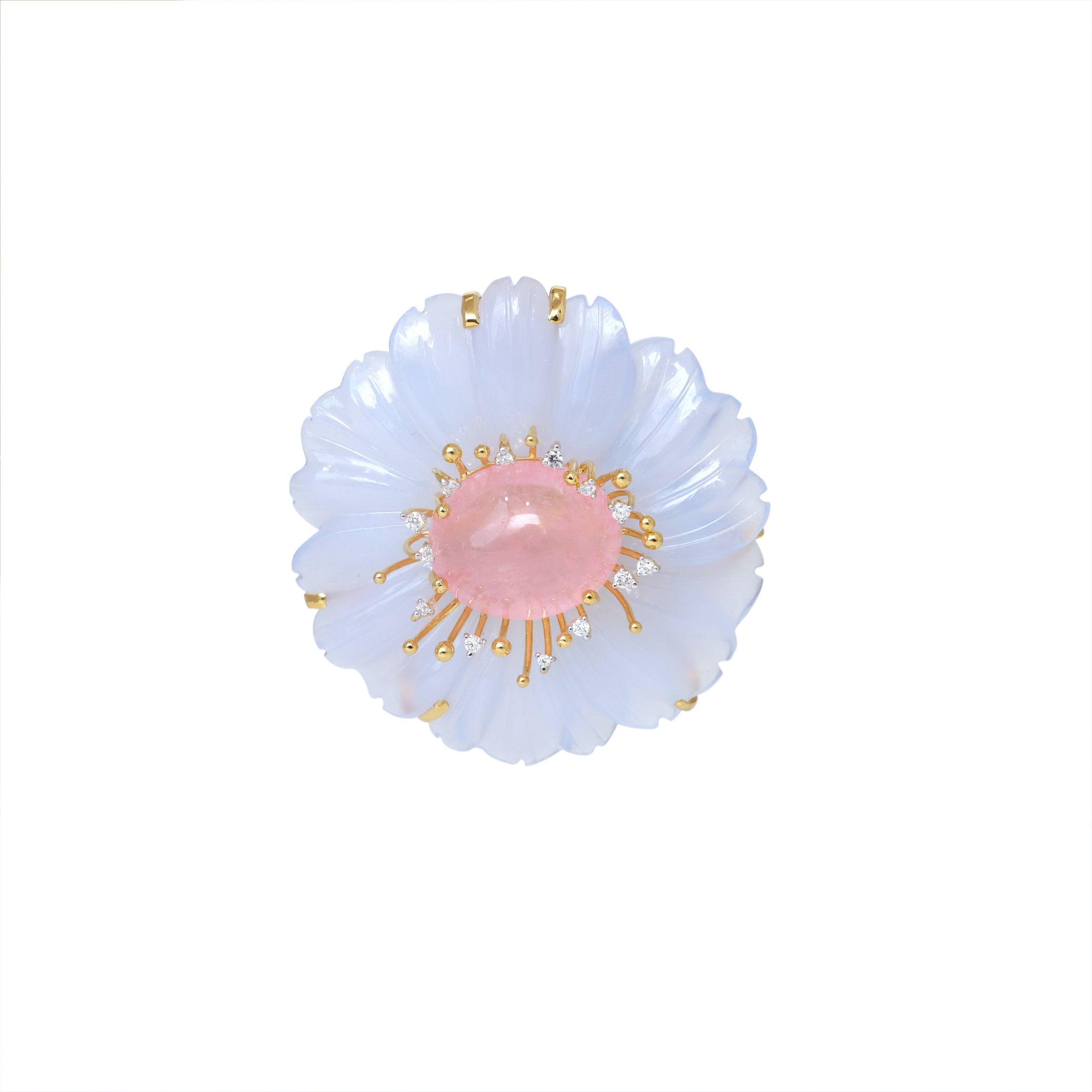 Natural Blue Chalcedony and Tourmaline 14K gold pendant on-hand view - NFJSD-1816