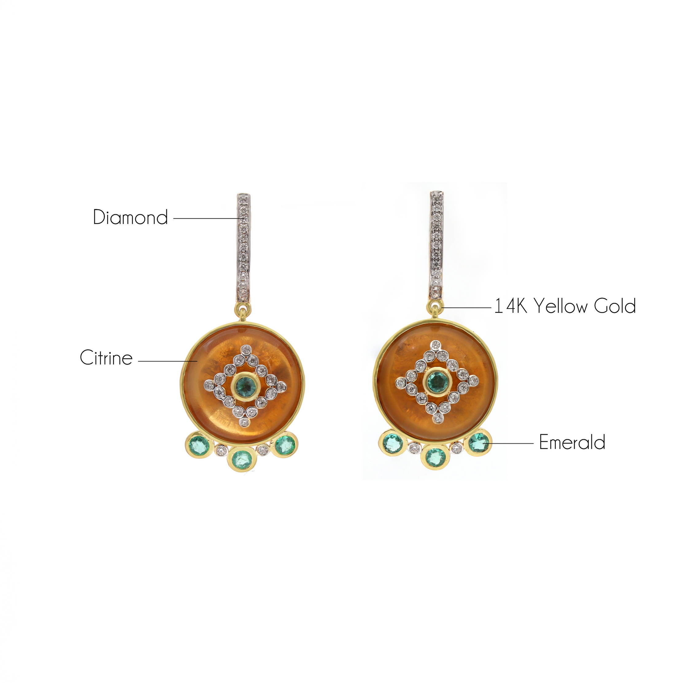 Natural Citrine and Emerald 14K gold earrings side angle - NFJSD-1799