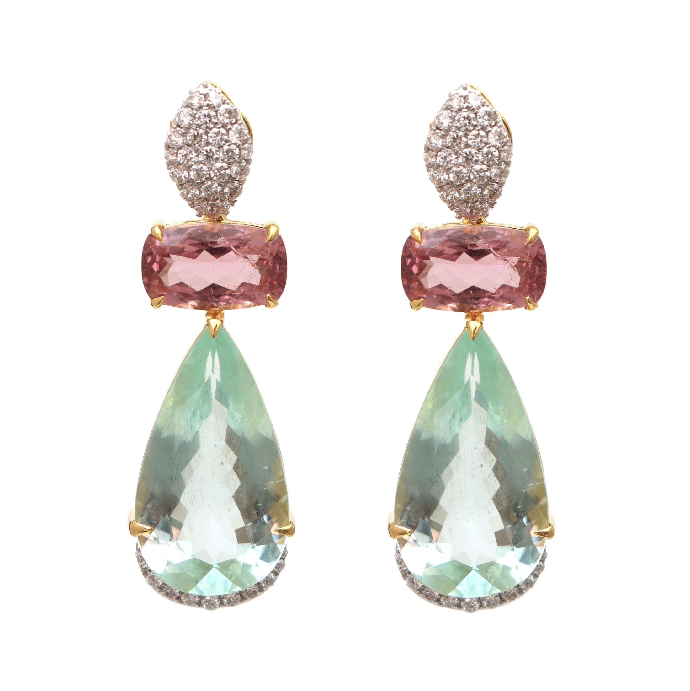 Natural Aquamarine and Tourmaline 18K gold earrings top view - NFJSD-1534