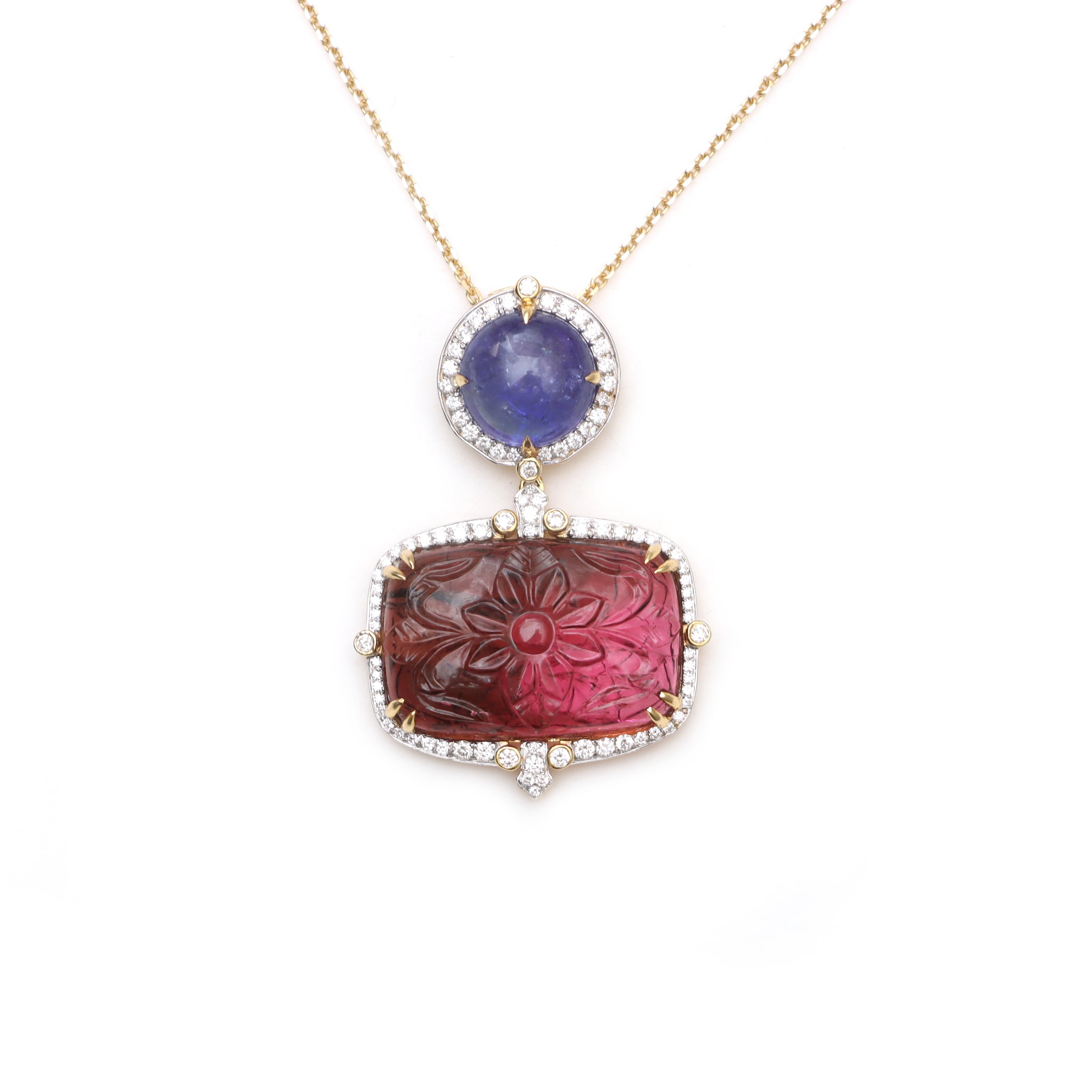 Natural Tourmaline and Tanzanite 18K gold pendant front view - NFJSD-1549