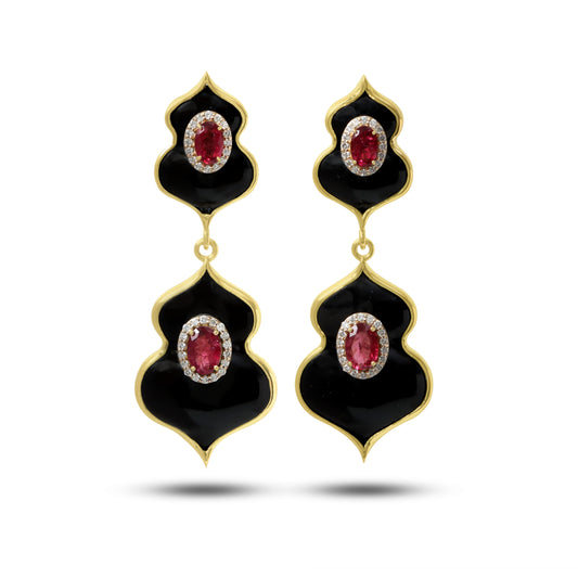 Natural Black Onyx and Tourmaline 14K gold earrings front view - NFJSD-1864