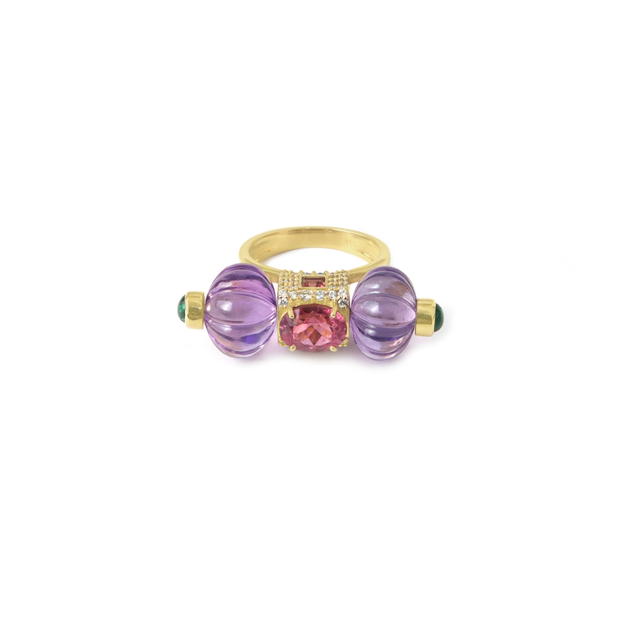 Natural Amethyst and Emerald 14K gold ring side angle - NFJSD-2000