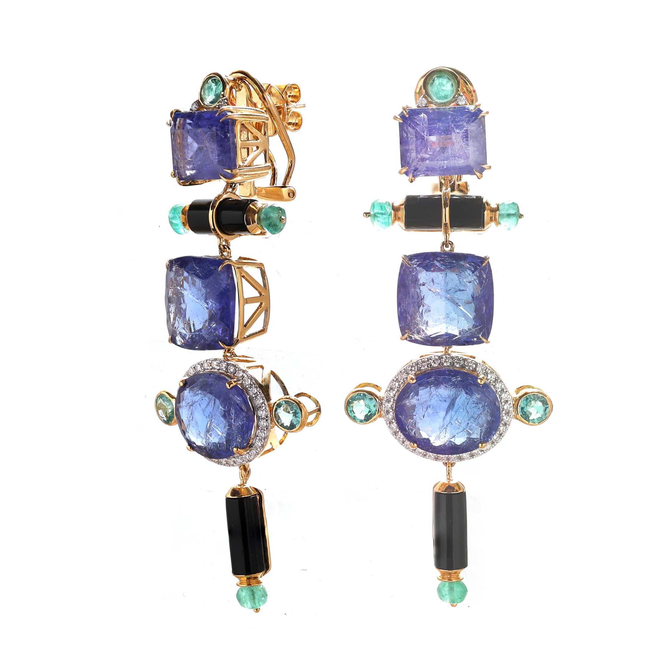 Natural Black Onyx and Emerald 18K gold earrings top view - NFJSD-1656