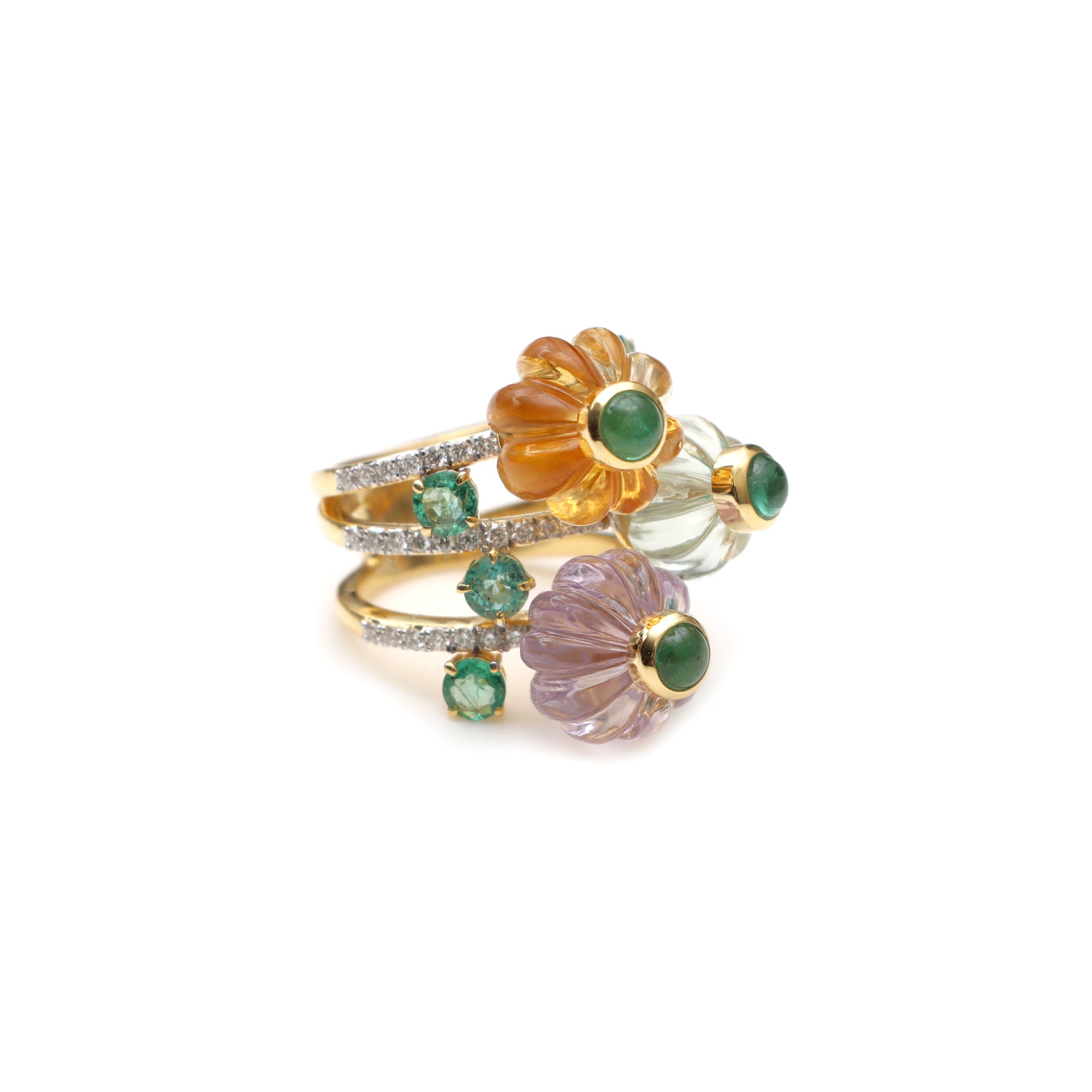 Natural Pink & Green Amethyst and Citrine 14K gold ring front view - NFJSD-1838
