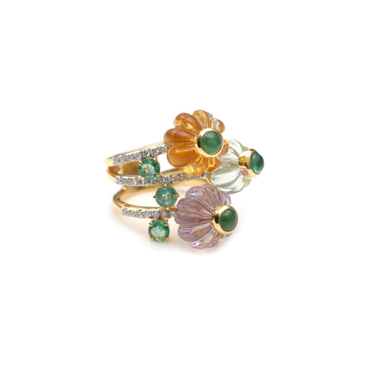 Natural Pink & Green Amethyst and Citrine 14K gold ring front view - NFJSD-1838