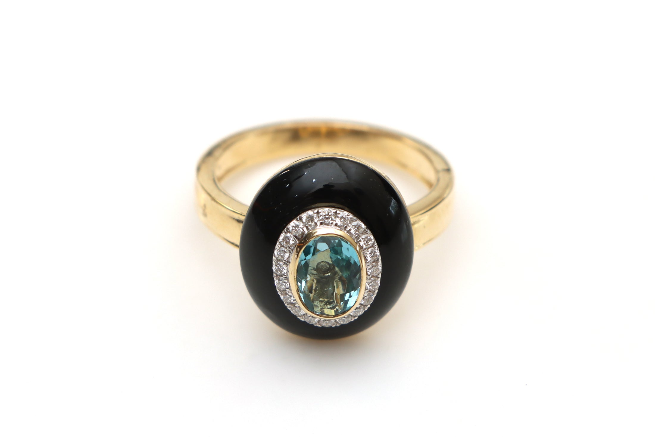 Natural Aquamarine Oval Cut and Black Onyx Oval Frame 14K gold ring front view - NFJSD-1203