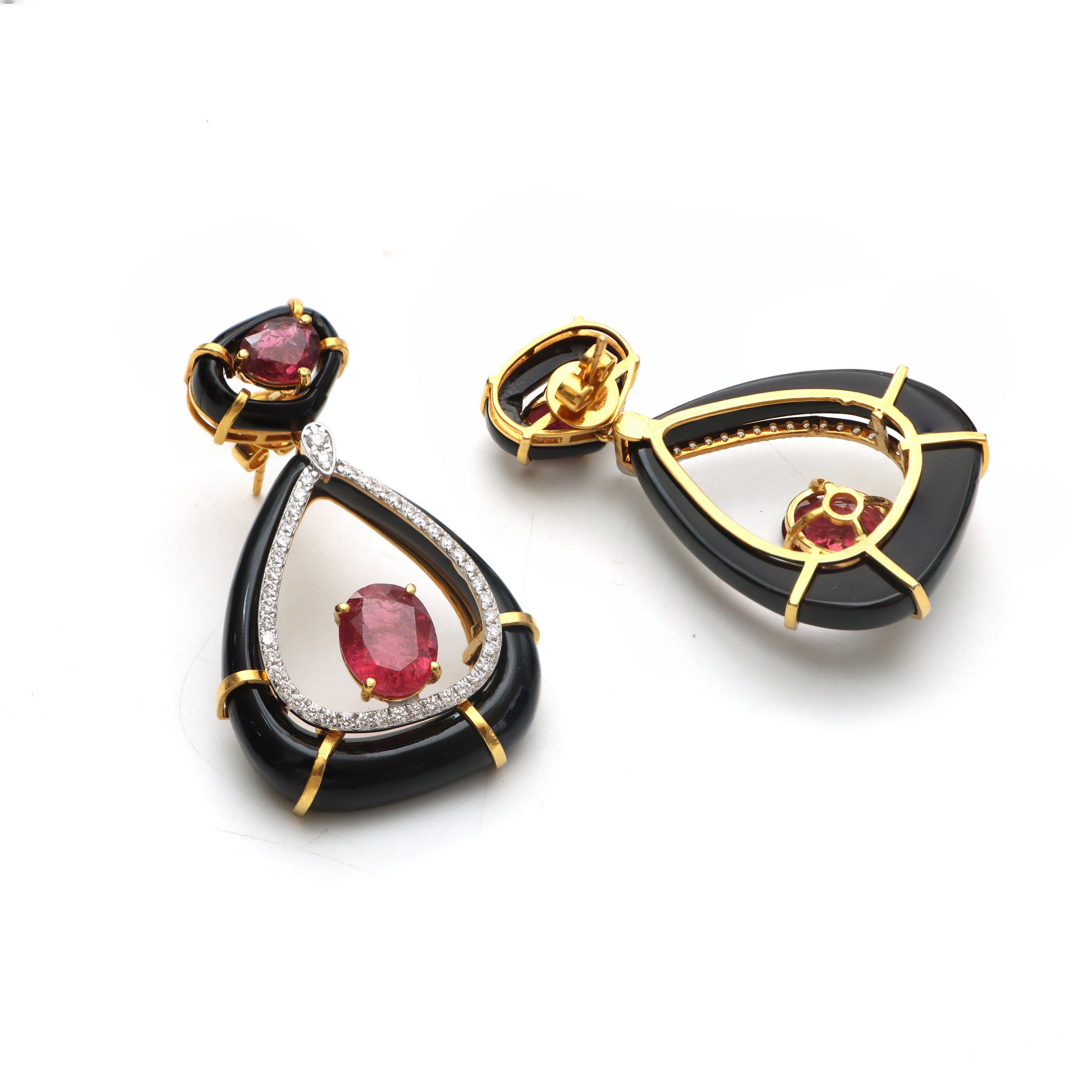 Natural Tourmaline Cut and Black Onyx Frame 14K gold earrings side angle - NFJSD-1023