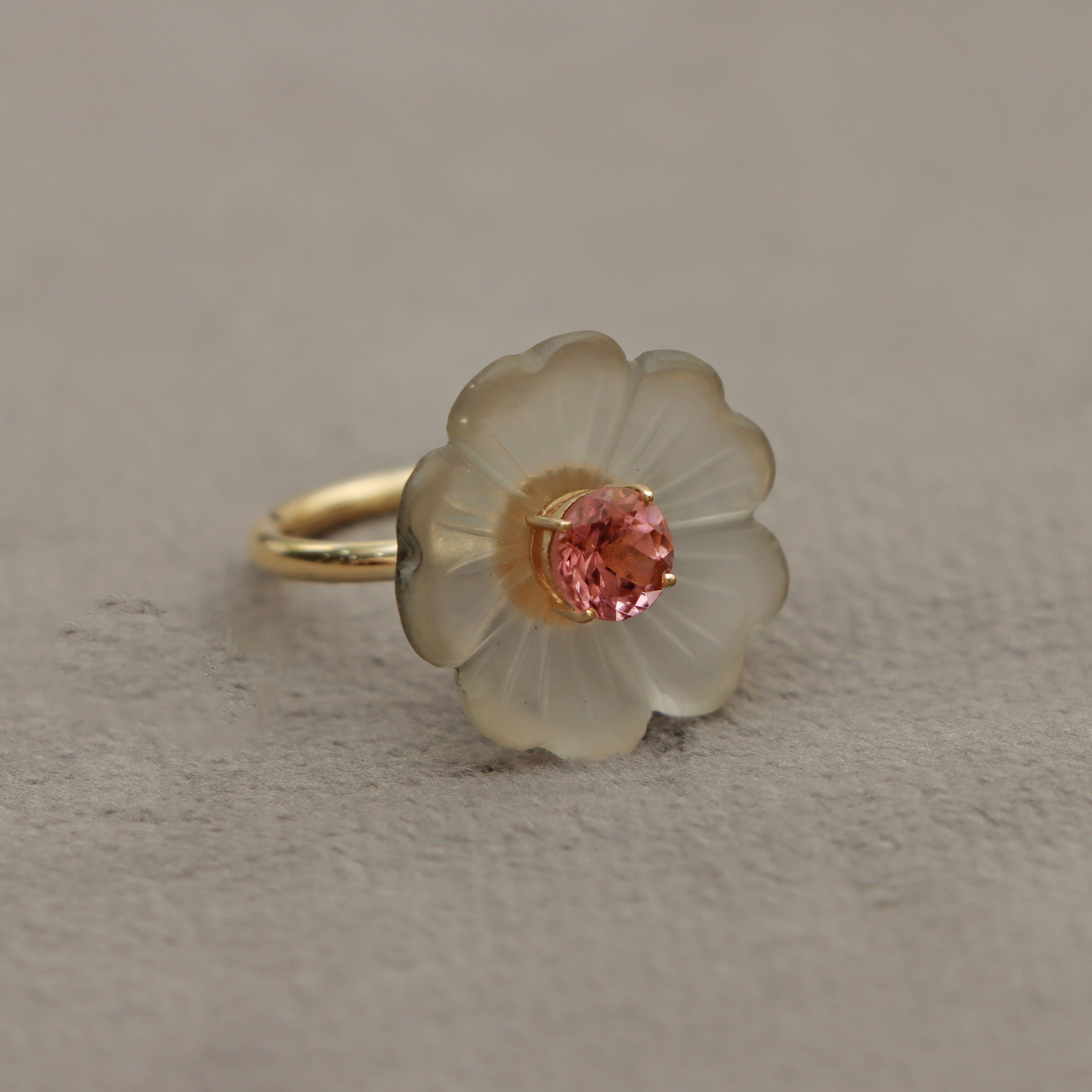 Natural Crystal Carving and Pink Tourmaline 14K gold ring on-hand view - NFJSD-1556