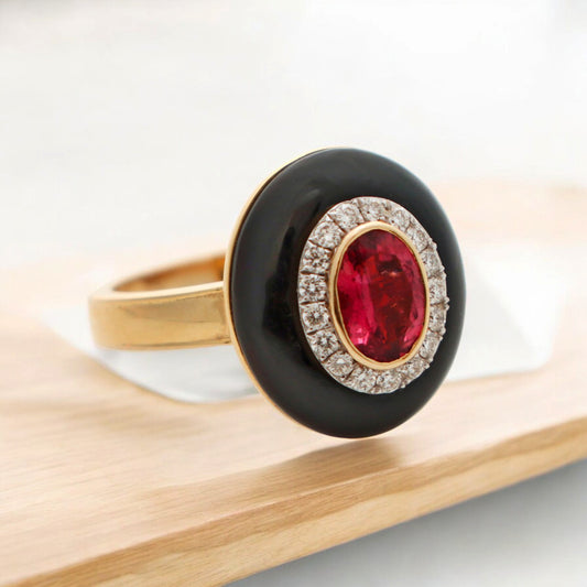 Natural Pink Tourmaline Oval Cut and Black Onyx Frame 14K gold ring side angle - NFJSD-1241