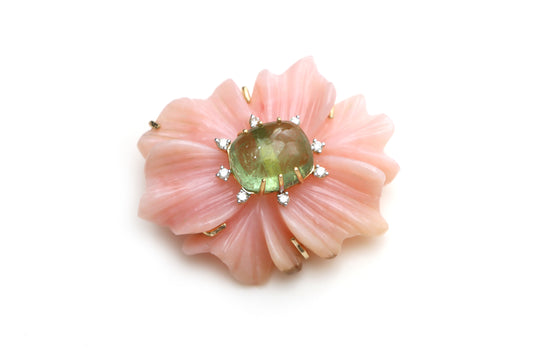 Natural Tourmaline Cushion Cab and Pink Opal Carving Flower 14K gold pendant front view - NFJSD-1313