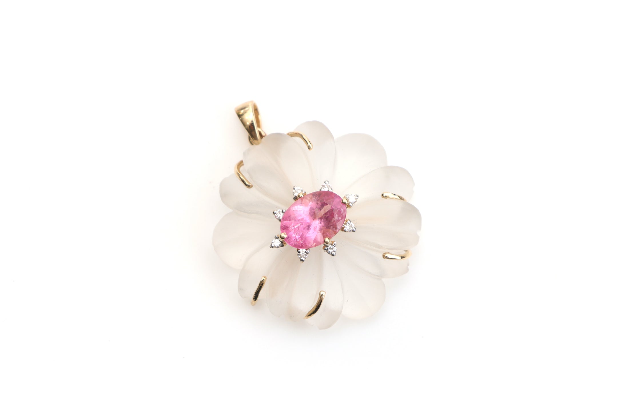 Natural Tourmaline Oval Cut and Crystal Carving Flower 14K gold pendant front view - NFJSD-1089