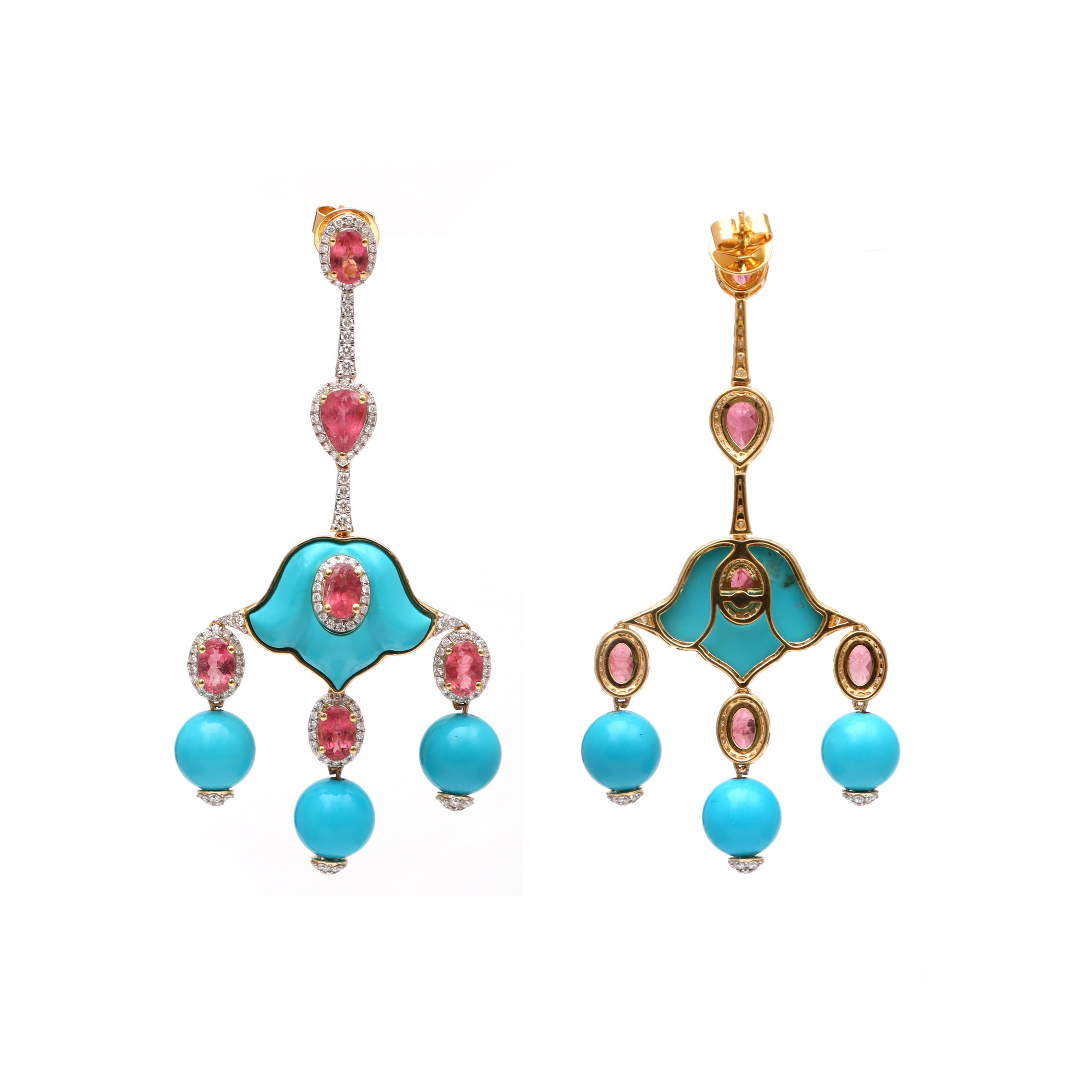 Natural Rubellite and Turquoise 18K gold earrings top view - NFJSD-1729