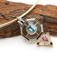 Load image into Gallery viewer, Natural Aquamarine Octagon Cut and Pink Tourmaline Pear Cut 14K gold pendant close-up detail - NFJSD-1206
