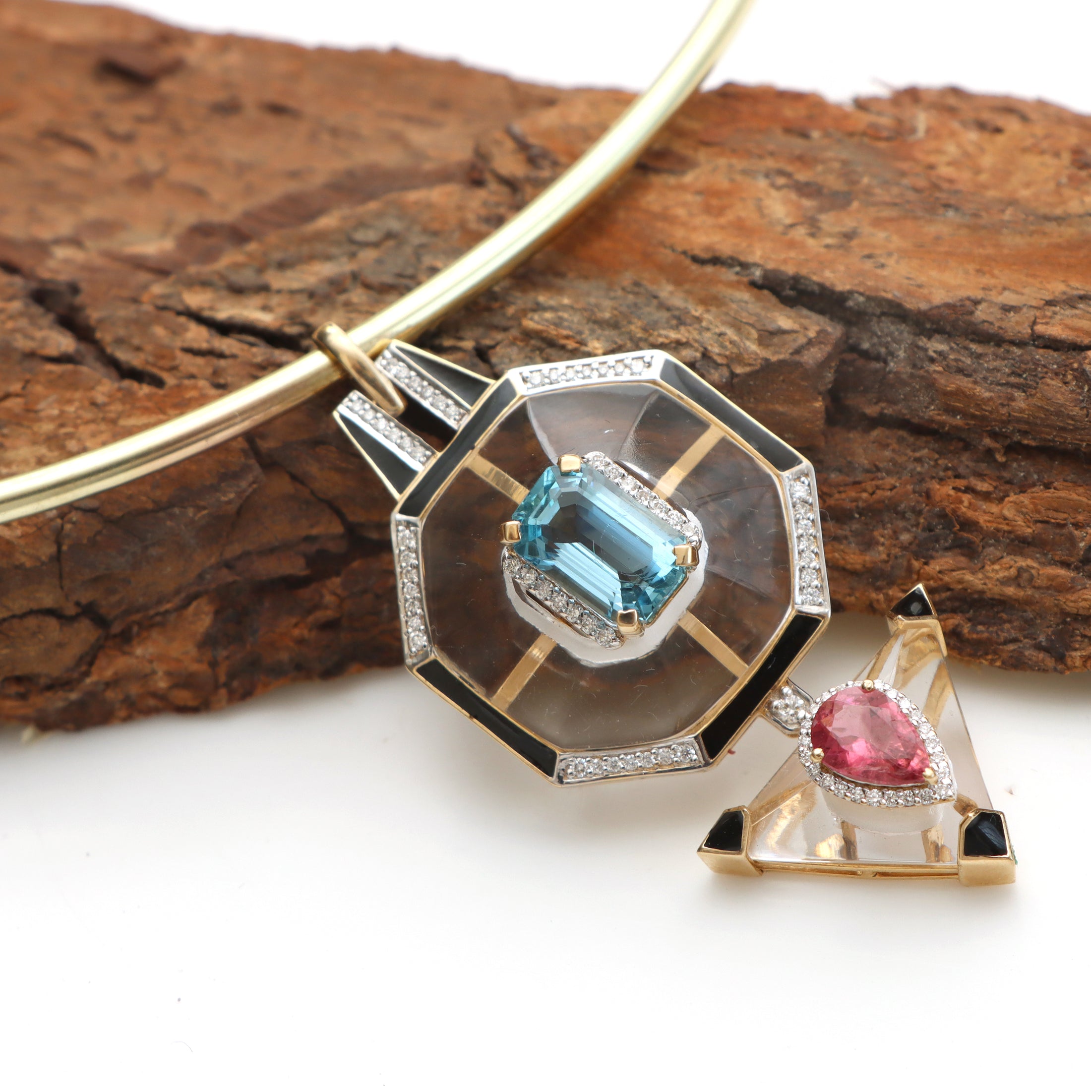 Natural Aquamarine Octagon Cut and Pink Tourmaline Pear Cut 14K gold pendant close-up detail - NFJSD-1206
