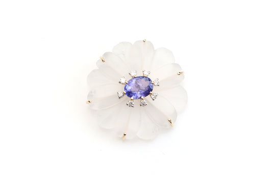 Natural Tanzanite Oval Cut and Crystal Carving Flower 14K gold pendant front view - NFJSD-1082