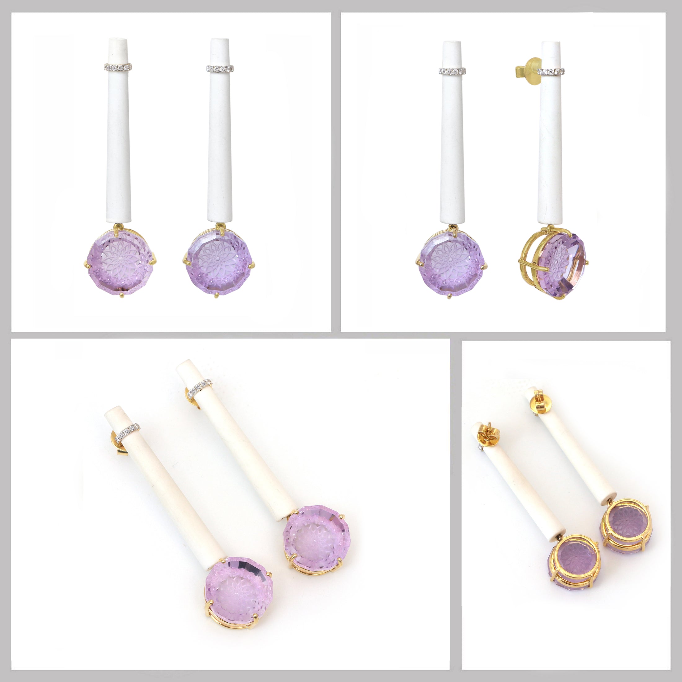 Natural White Agate and Lavender 14K gold earrings top view - NFJSD-1374