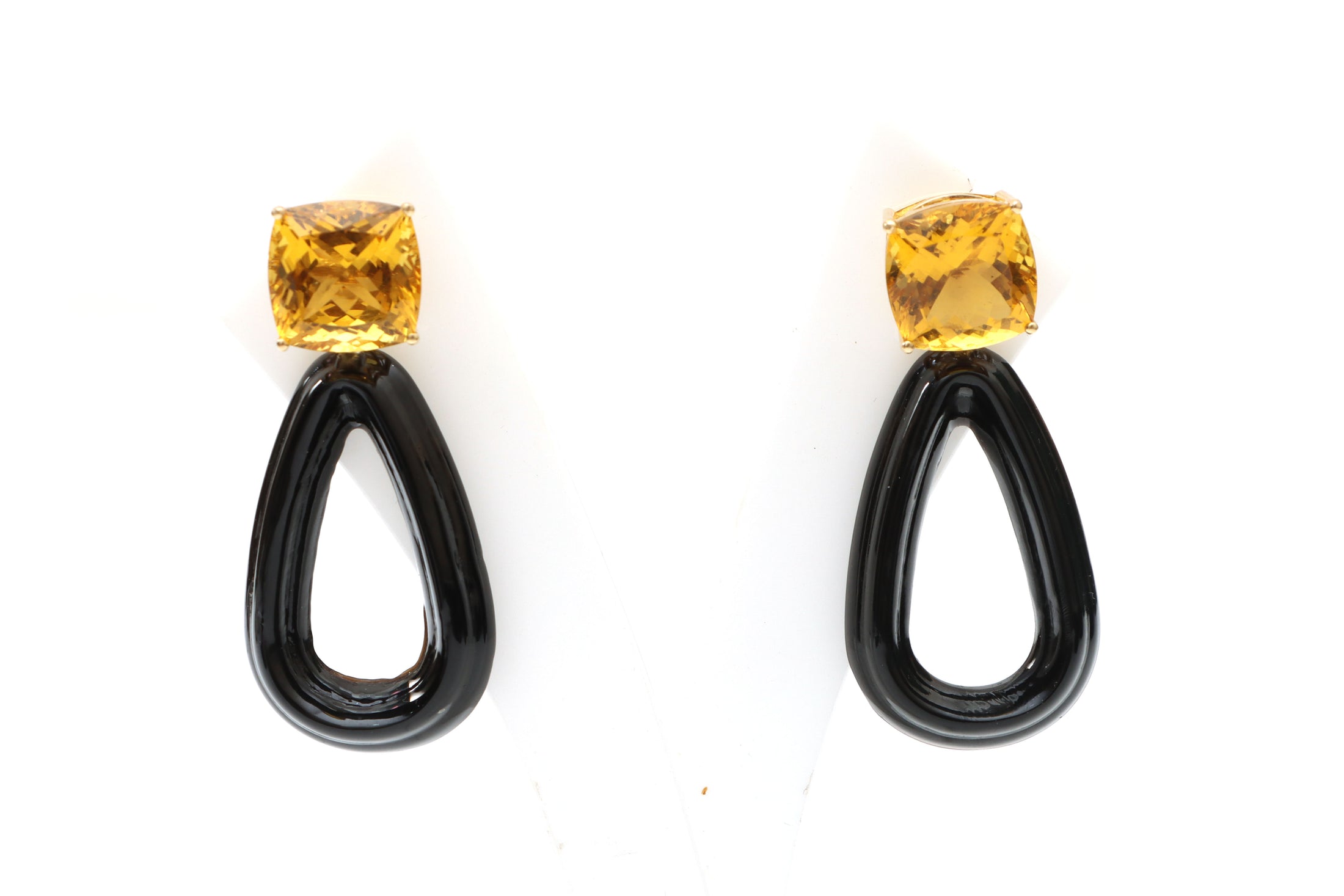 Natural Yellow Aqua Square Cut and Black Onyx Frames 14K gold earrings front view - NFJSD-1024