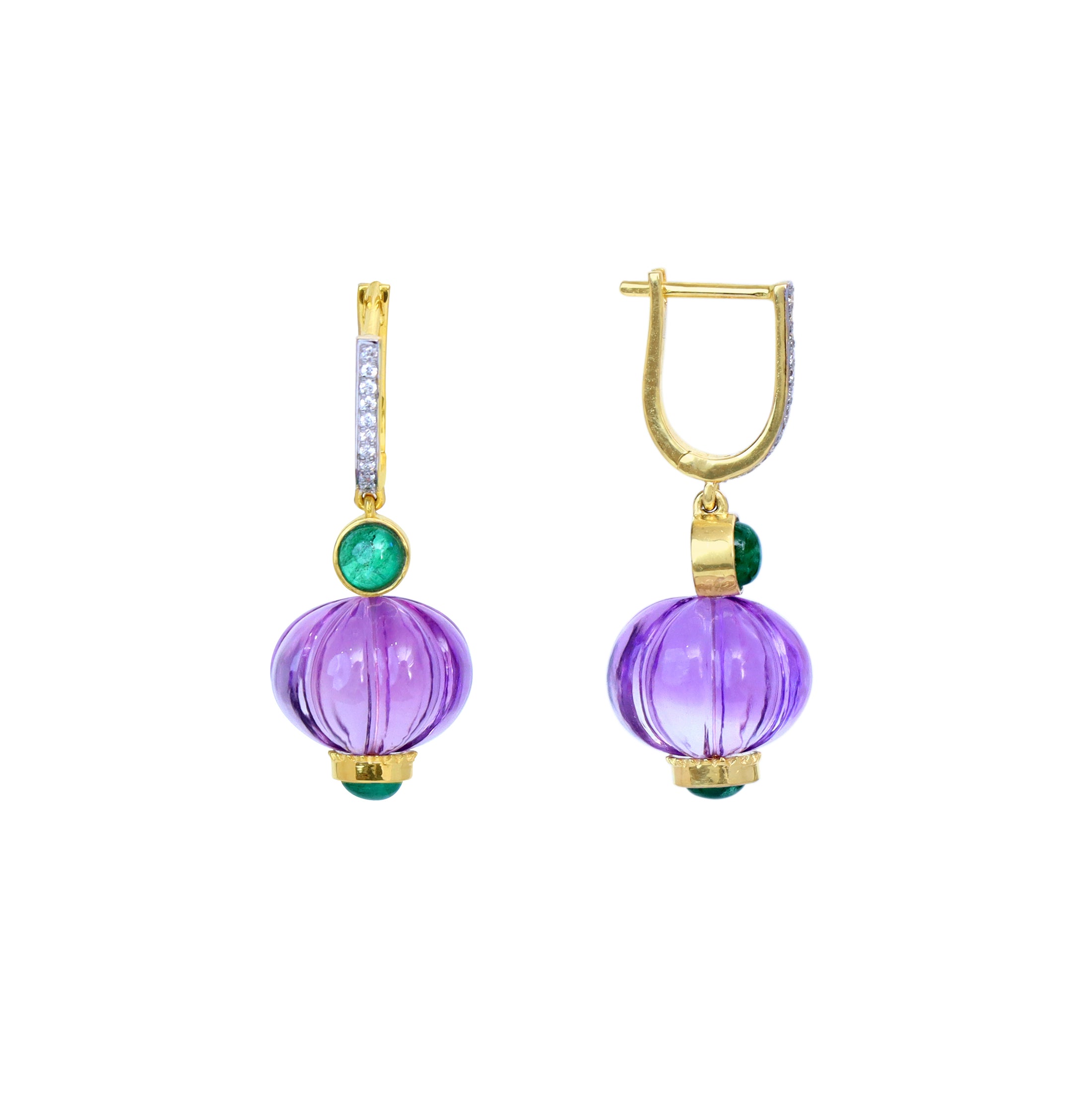 Natural Amethyst and Emerald 18K gold earrings front view - NFJSD-1777