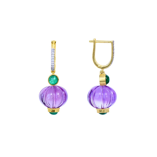 Natural Amethyst and Emerald 18K gold earrings front view - NFJSD-1777