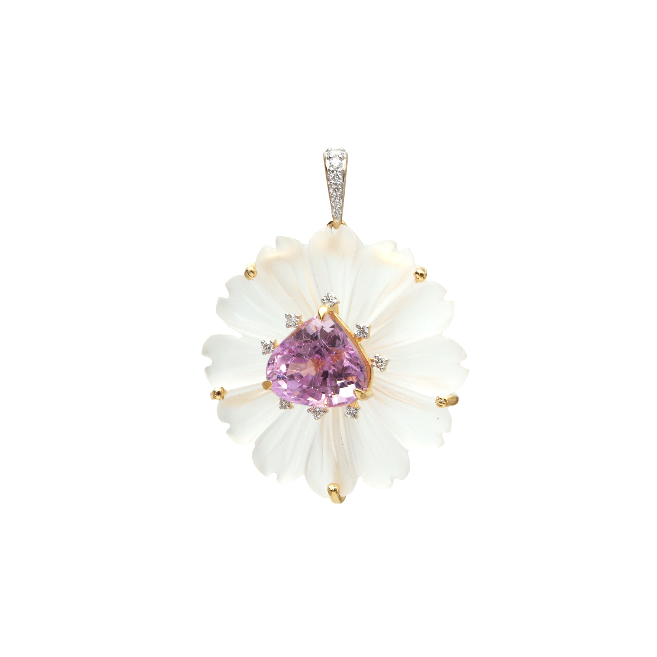 Natural Crystal Carving and Kunzite 18K gold pendant front view - NFJSD-1738