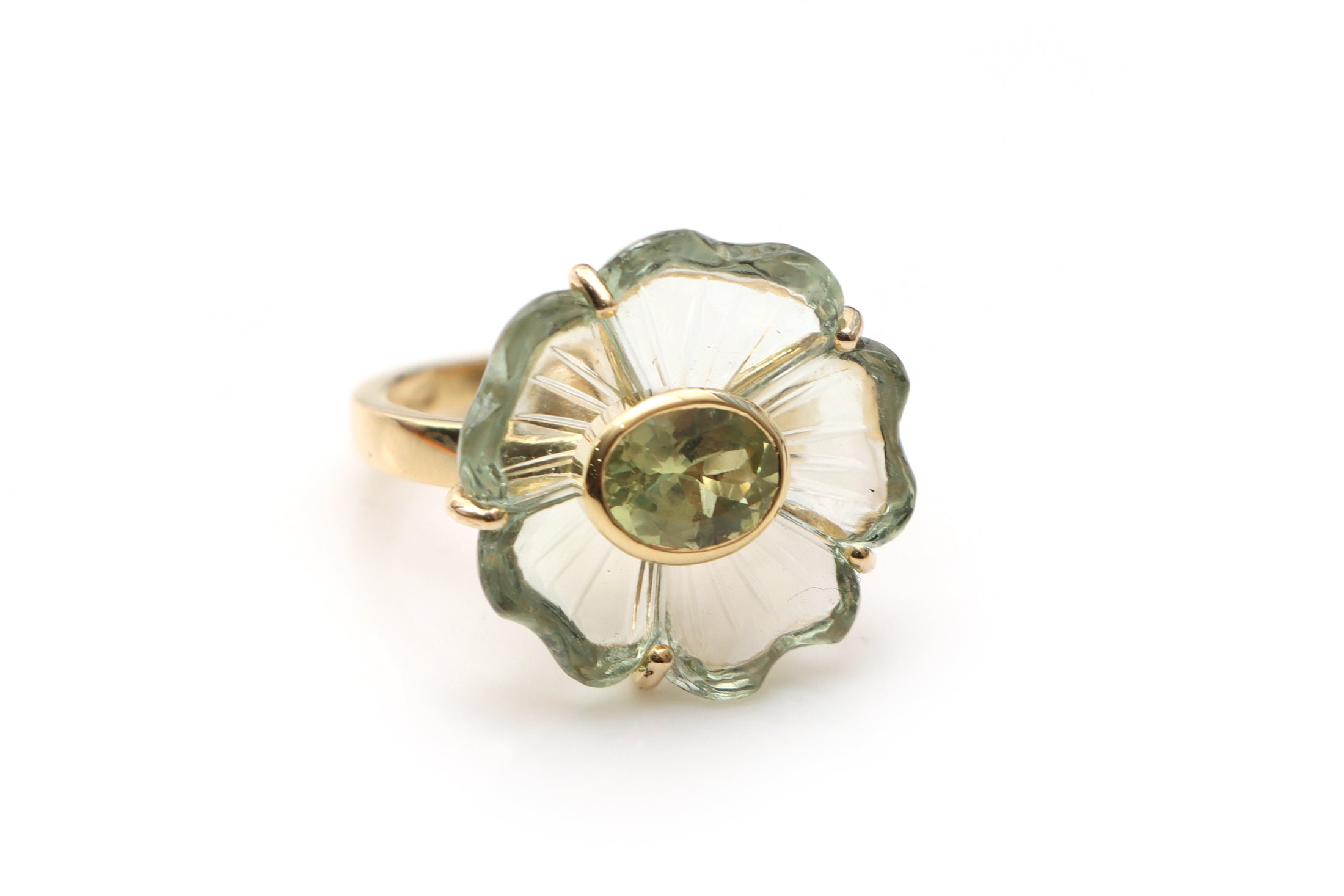 Natural Chrysoberyl Oval Cut and Green Amethyst Carving Flower 14K gold ring front view - NFJSD-1213