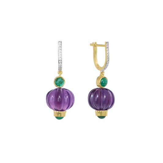 Natural Amethyst and Emerald 14K gold earrings back view - NFJSD-1830