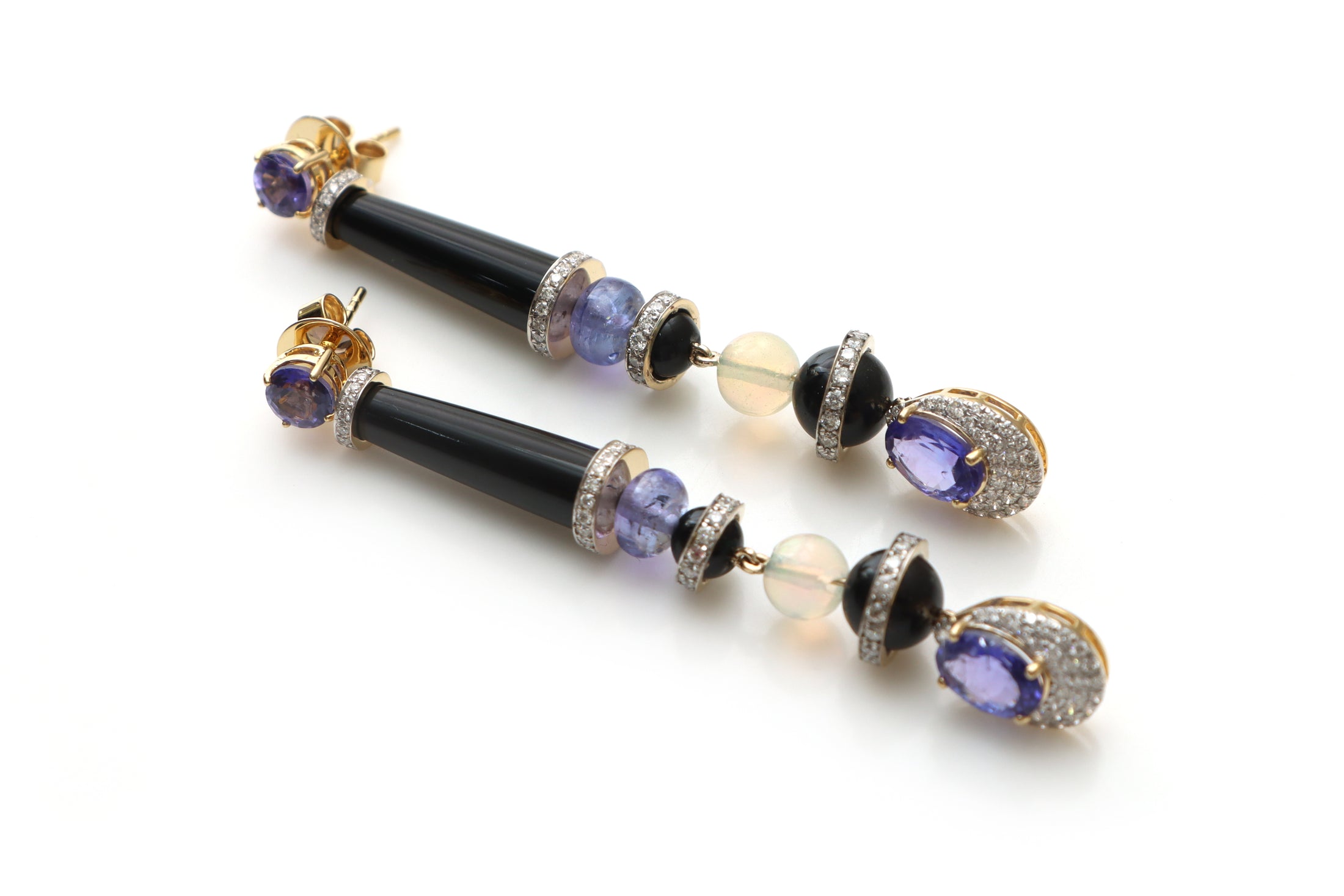 Natural Black Onyx Smooth Tube and Ethiopian Opal Smooth Beads 14K gold earrings front view - NFJSD-1173