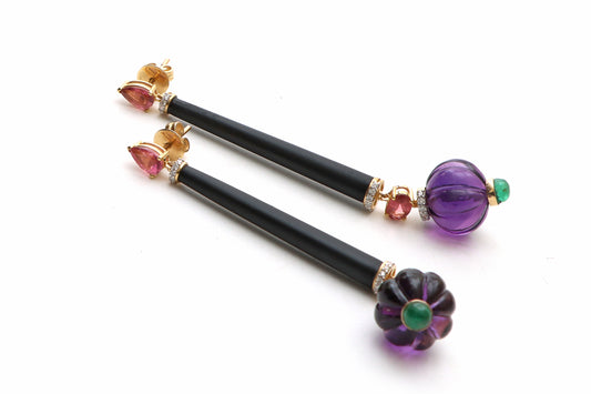 Natural Amethyst Carving Balls and Black Onyx Carving 14K gold earrings front view - NFJSD-1032