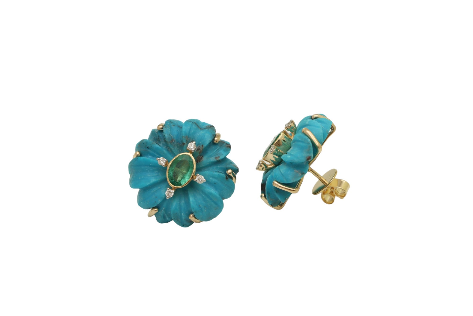 Natural Emerald Oval Cut and Turquoise Carving Flower 14K gold earrings front view - NFJSD-1226