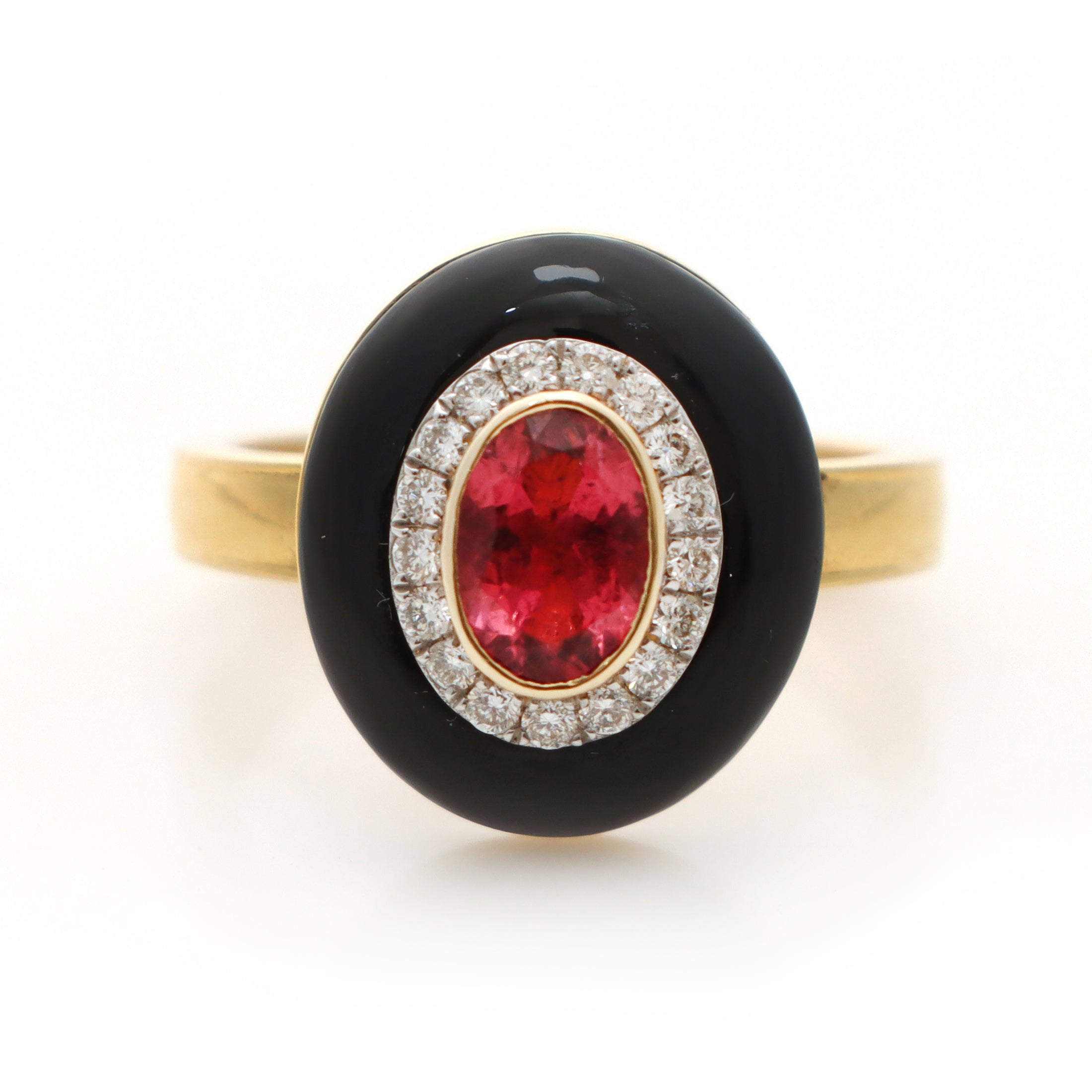 Natural Pink Tourmaline Oval Cut and Black Onyx Frame 14K gold ring front view - NFJSD-1241