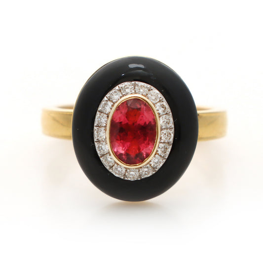 Natural Pink Tourmaline Oval Cut and Black Onyx Frame 14K gold ring front view - NFJSD-1241