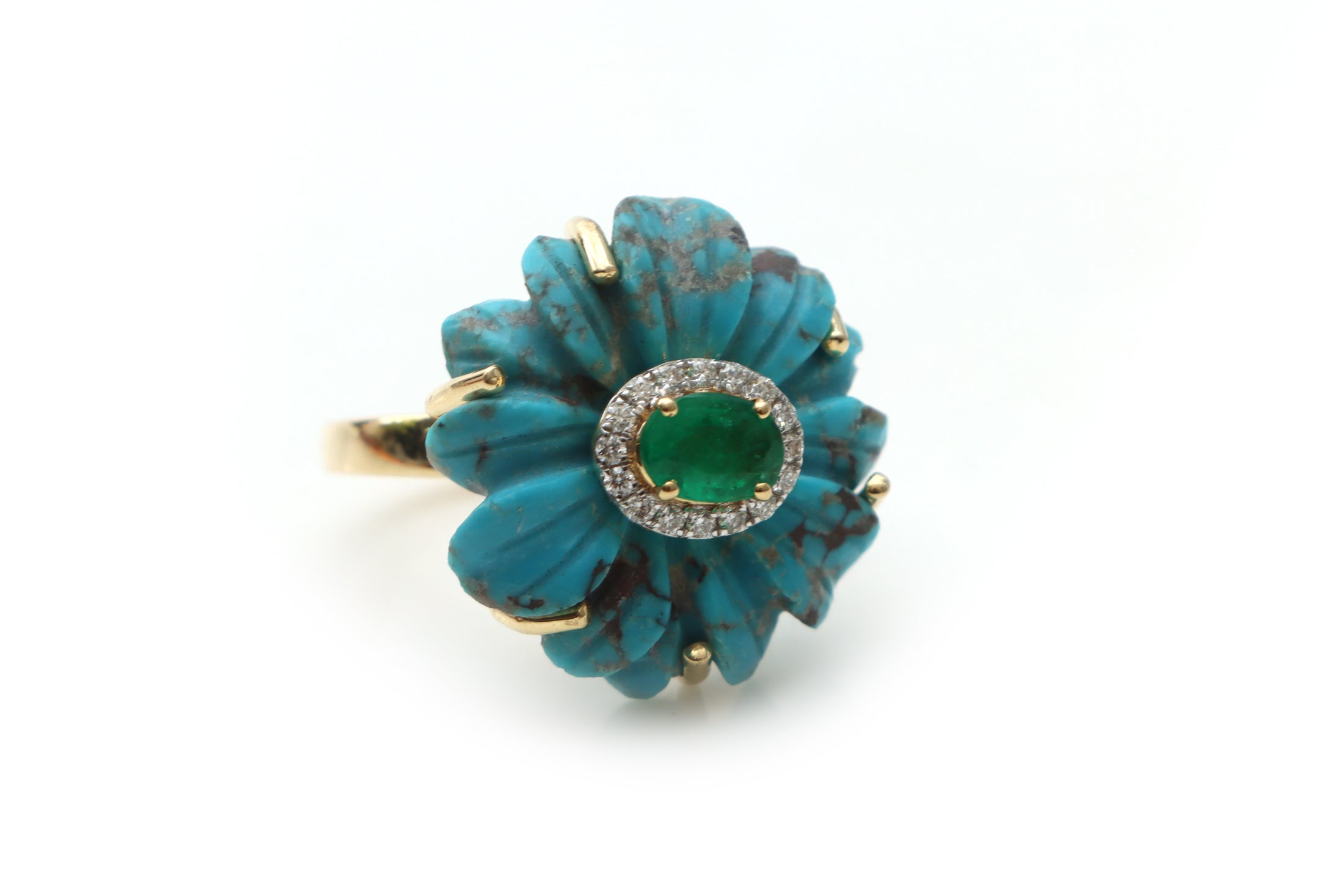 Natural Emerald Oval Cut and Turquoise Carving Flower 14K gold ring front view - NFJSD-1216