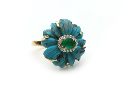 Natural Emerald Oval Cut and Turquoise Carving Flower 14K gold ring front view - NFJSD-1216