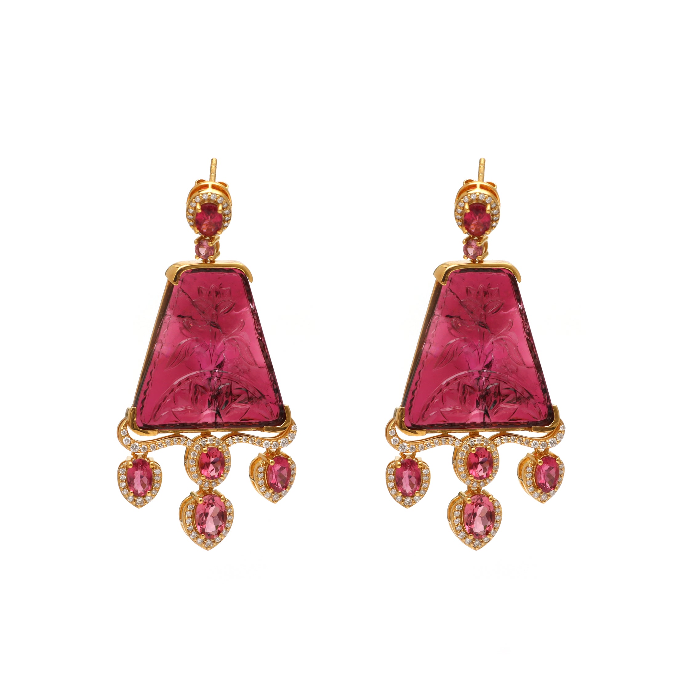 Natural Pink Tourmaline Carving and Pink Tourmaline Oval 18K gold earrings back view - NFJSD-1635