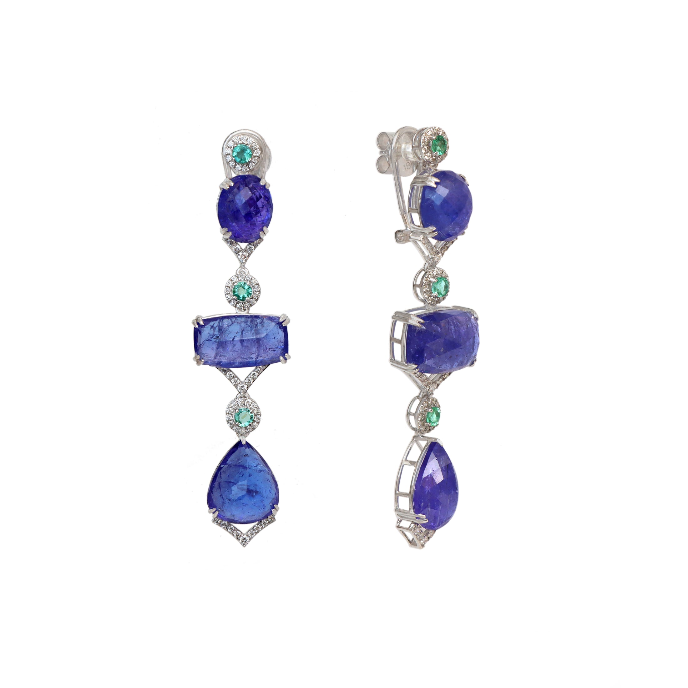 Natural Tanzanite and Emerald 18K gold earrings back view - NFJSD-1801