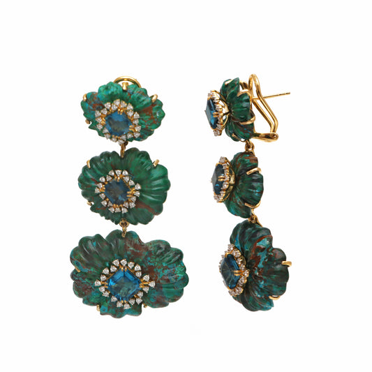 Natural Chrysocola Carving and LBT 14K gold earrings front view - NFJSD-1699