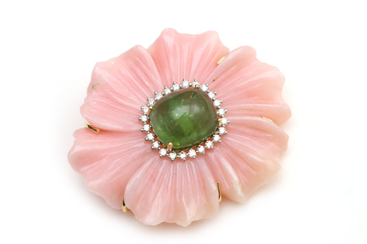 Natural Tourmaline Cushion Cab and Pink Opal Carving Flower 14K gold pendant front view - NFJSD-1277
