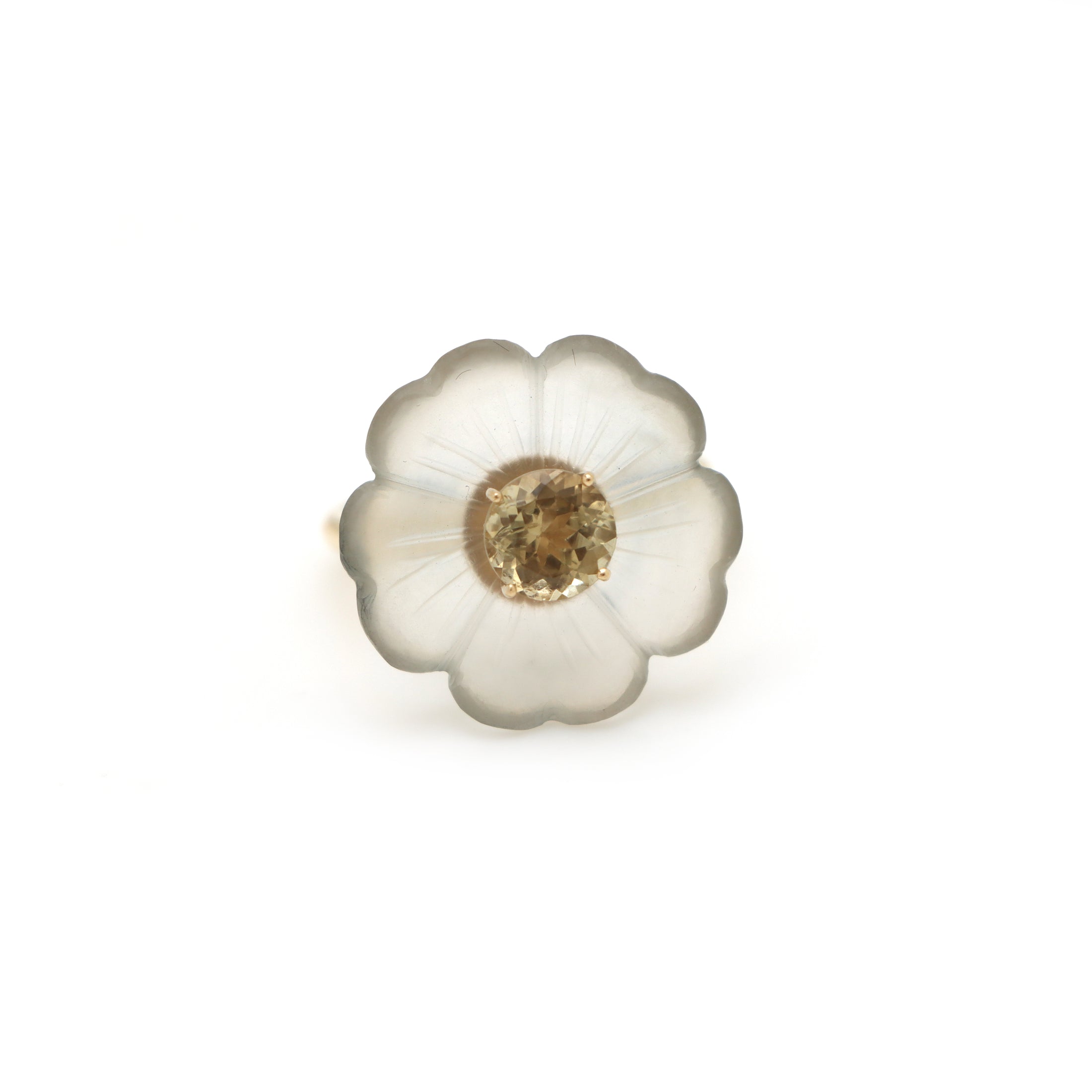 Natural Crystal Carving and Yellow Tourmaline 14K gold ring side angle - NFJSD-1551