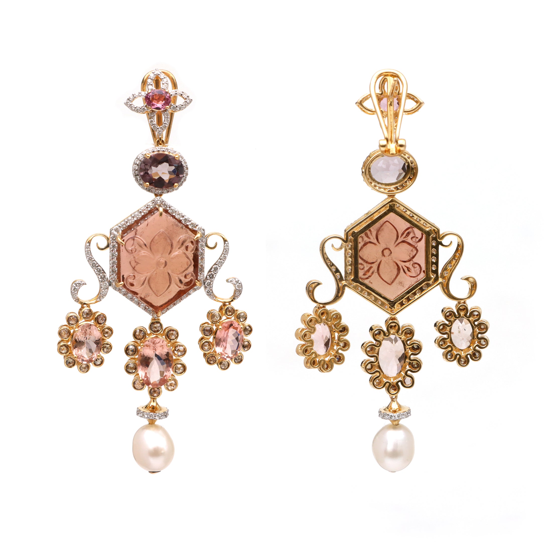 Natural Pearl and Rubylite 18K gold earrings top view - NFJSD-1722