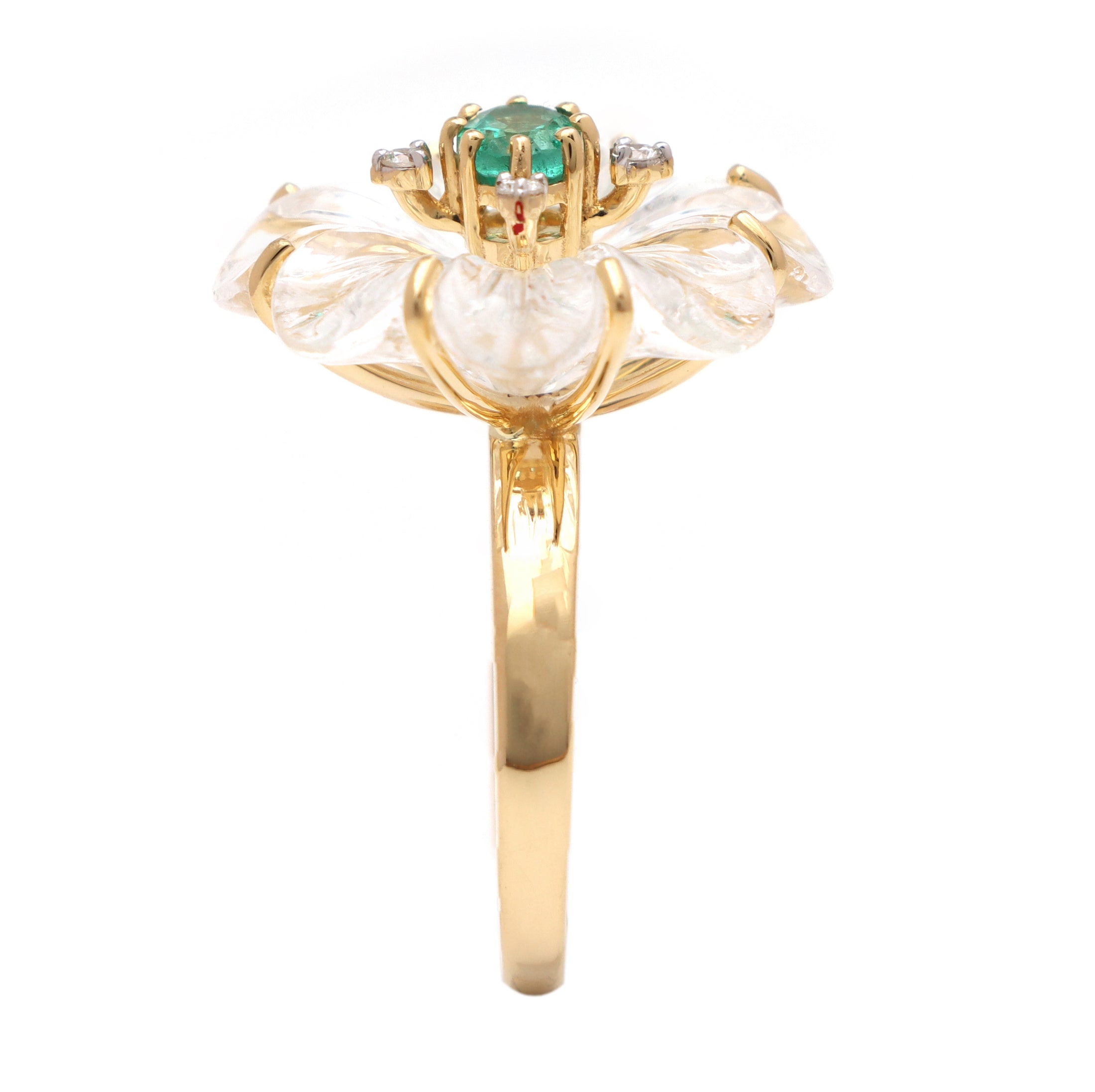 Natural Emerald Oval Cut and Crystal Carving Flower 14K gold ring back view - NFJSD-1172