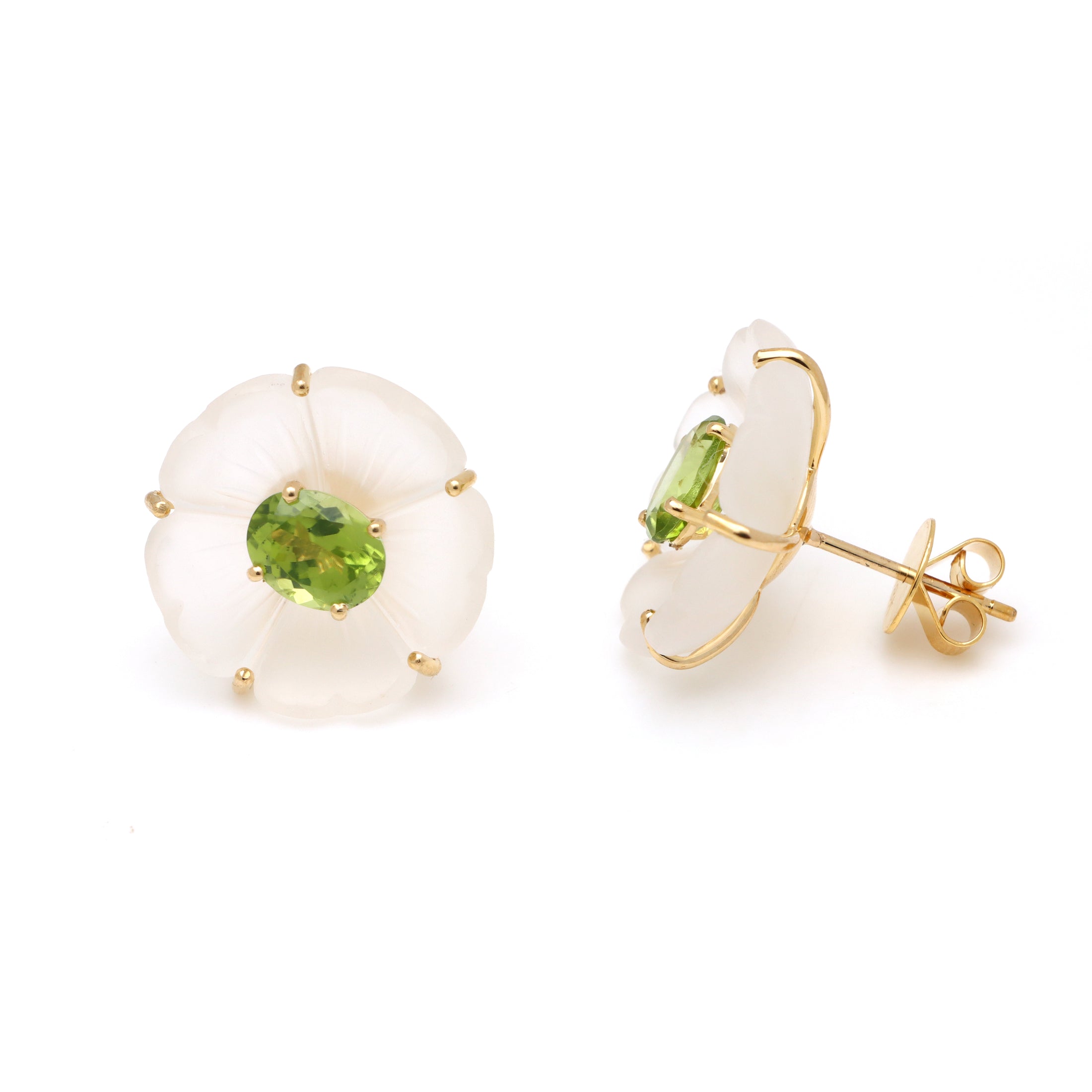 Natural Crystal Carving and Tourmaline 18K gold earrings top view - NFJSD-1695