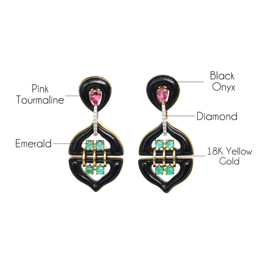Natural Black Onyx and Emerald 18K gold earrings side angle - NFJSD-1432