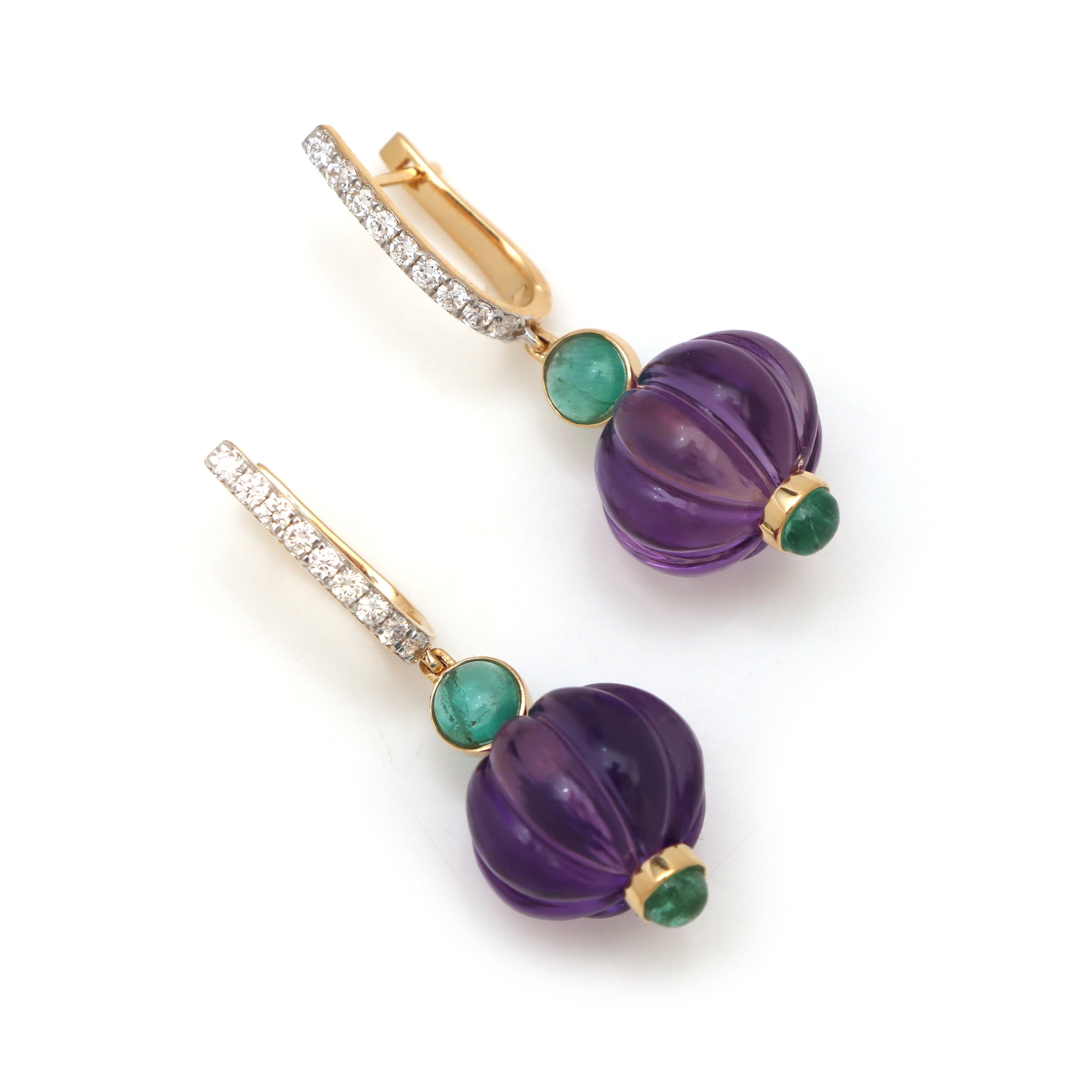Natural Amethyst and Emerald 18K gold earrings close-up detail - NFJSD-1539