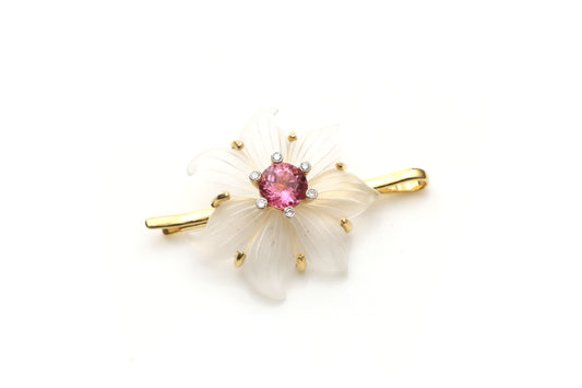 Natural Crystal Carving Flower and Tourmaline Round Cut 14K gold hair pin front view - NFJSD-1149